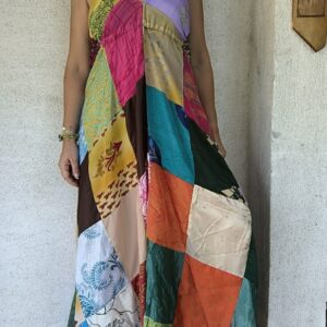 Patchwork maxi ruha kék bojtos