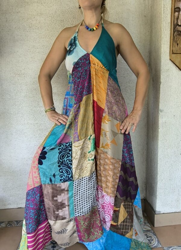 Patchwork maxi ruha zöld bojtos