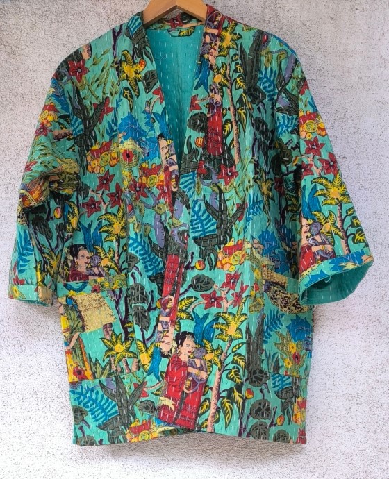 Zöld Frida Kahlo Kantha kimonó - Image 3