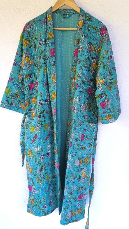 Kék kisbotanikus Kantha kimonó XL-XXL