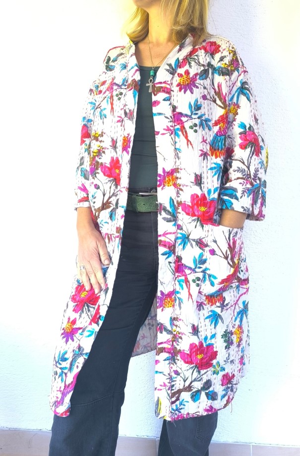 Fehér madárfütty Kantha kimonó M-XL
